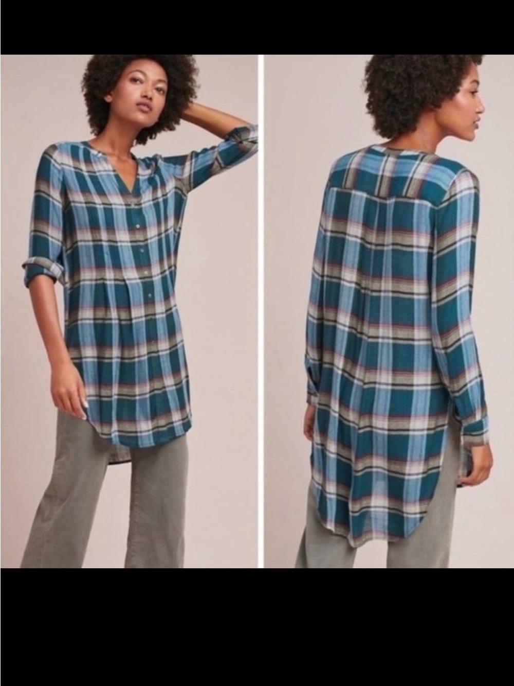 Anthropologie Akemi + Kin Lucie Plaid Tunic Button Front Top